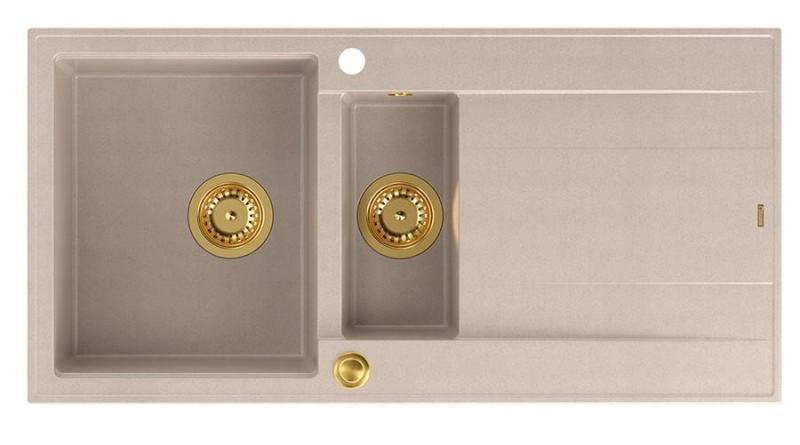 Chiuveta de blat Quadri Luton pearl beige din granit cu 1,5 cuve și zonă de scurgere reversibilă 100x50cm cu dop de aur 1208971793