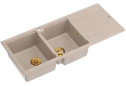 Construcție Quadri Luton cu chiuvetă dublă de granit în nuanța beige perlă, cu zonă de scurgere, 116x50 cm, cu dop de aur 1208971809