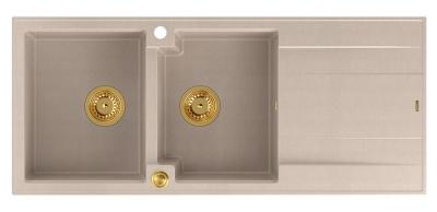 Construcție Quadri Luton cu chiuvetă dublă de granit în nuanța beige perlă, cu zonă de scurgere, 116x50 cm, cu dop de aur 1208971809