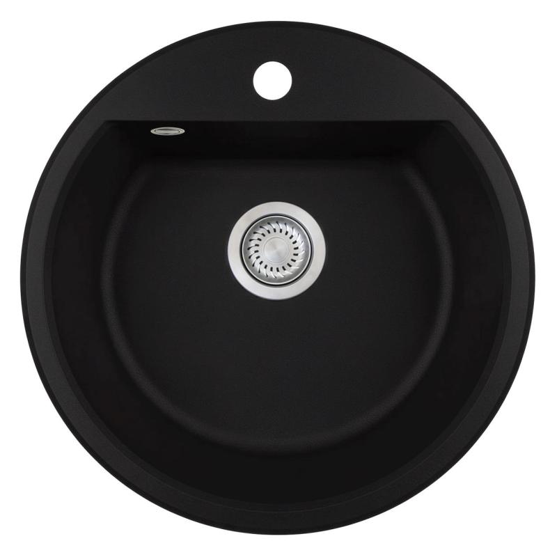 GraniteMy Bremen chiuveta rotundă din granit de 43 cm, negru, montare superioară și inferioară, cu bancă de găuri pentru robinet și dop automat din inox 1208971840