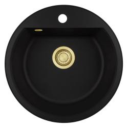 GraniteMy Bremen chiuvetă rotundă din granit de 43 cm, negru, montare superioară și inferioară, cu bancă pentru robinet și dop de aur 1208971841
