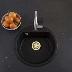 GraniteMy Bremen chiuvetă rotundă din granit de 43 cm, negru, montare superioară și inferioară, cu bancă pentru robinet și dop de aur 1208971841