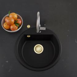 GraniteMy Bremen chiuveta rotundă de granit 43 cm negru, suprafață și de sub-sol, cu bancheta pentru robinet și dop automat auriu 1208971843