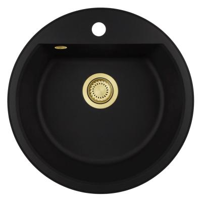 GraniteMy Bremen chiuveta rotundă de granit 43 cm negru, suprafață și de sub-sol, cu bancheta pentru robinet și dop automat auriu 1208971843