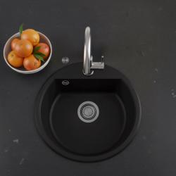 GraniteMy Bremen chiuvetă rotundă din granit de 43 cm, negru, de suprafață și submontare, cu bancă pentru robinet și dop automat de metal gun 1208971844