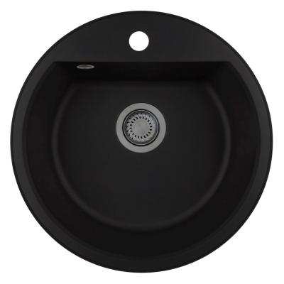 GraniteMy Bremen chiuvetă rotundă din granit de 43 cm, negru, de suprafață și submontare, cu bancă pentru robinet și dop automat de metal gun 1208971844