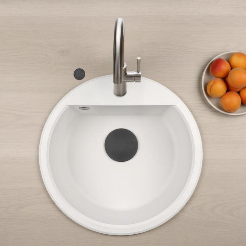 GraniteMy Bremen chiuvetă rotundă din granit de 43 cm albă, montare deasupra și dedesubt, cu gaură pentru robinet și dop automat negru 1208971846