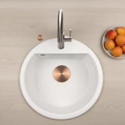 GraniteMy Bremen lavoar rotund din granit de 43 cm alb, de suprafață și de sub-sol, cu banc de găuri pentru robinet și dop automat de cupru 1208971847