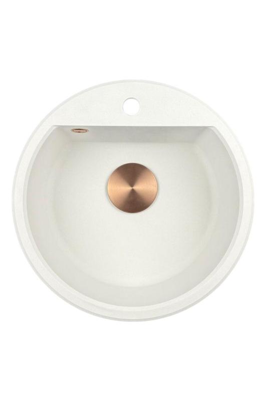 GraniteMy Bremen lavoar rotund din granit de 43 cm alb, de suprafață și de sub-sol, cu banc de găuri pentru robinet și dop automat de cupru 1208971847