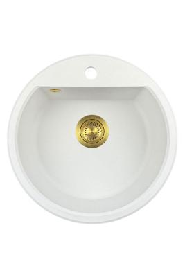 GraniteMy Bremen chiuveta rotundă din granit de 43 cm albă, montare superioară și inferioară, cu gaură pentru robinet și dop automat auriu 1208971848