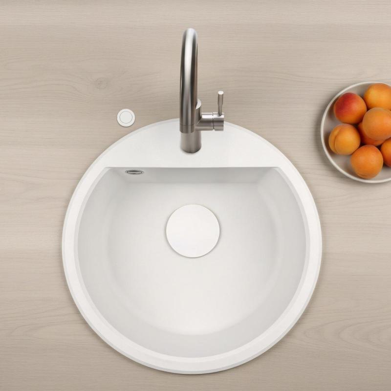 GraniteMy Bremen lavoar rotund de granit de 43 cm alb, de suprafață și sub suprafață, cu orificiu pentru robinet și dop automat alb 1208971850