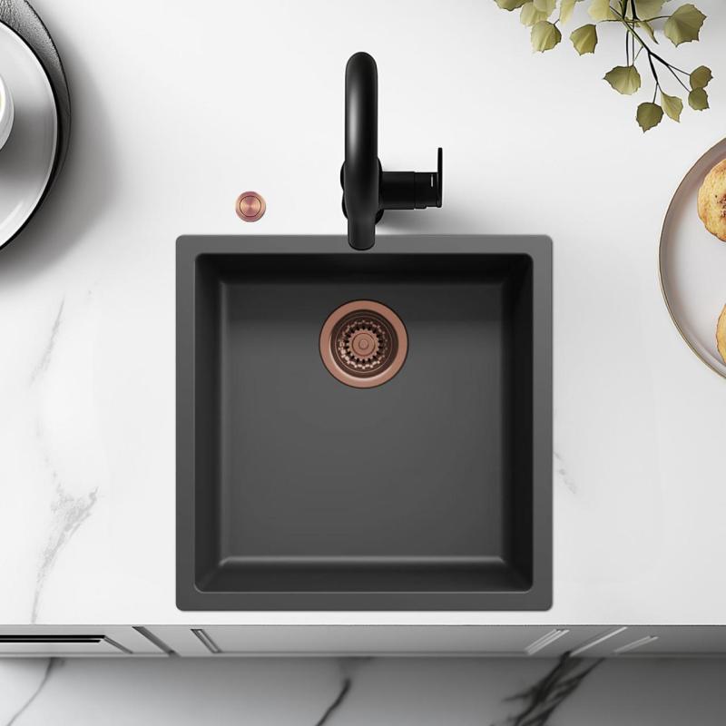 Chiuveta negru Ausmann Fibre 40x40cm de substructură, suprastructură și încorporată cu dop automat de cupru 1208971852