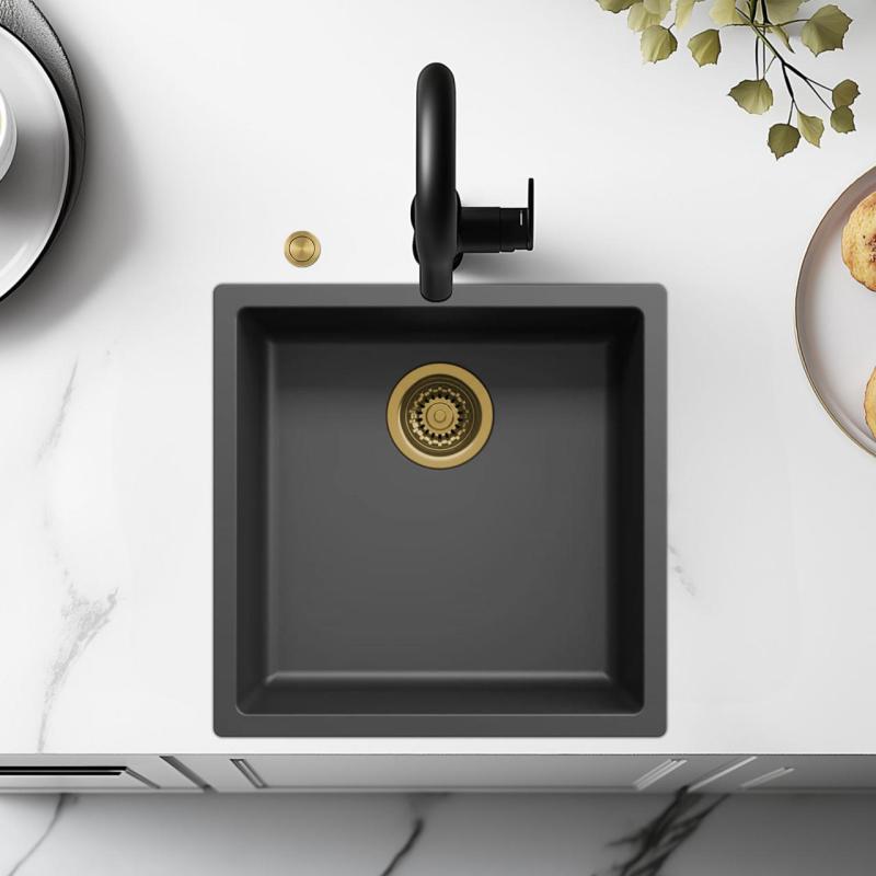 Chiuveta neagră Ausmann Fibre de 40x40cm pentru montare sub blat, suprafață sau încorporată cu dop automat auriu 1208971853