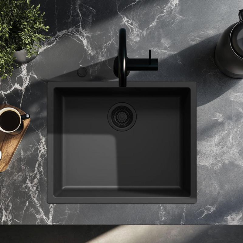 Chiuvetă Ausmann Fiber neagră, de 50x40cm, pentru montare sub blat, pe blat sau la nivel cu blatul, cu dop automat negru 1208971856