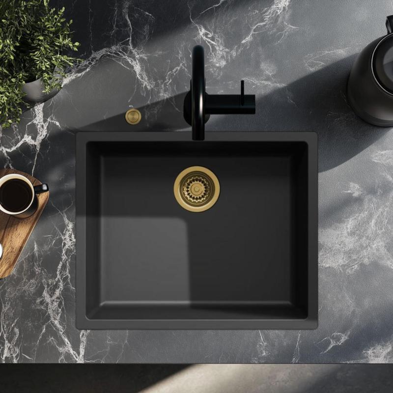 Chiuveta neagra Ausmann Fibre de 50x40cm pentru montaj sub blat, supra blat și la nivel cu blatul, cu dop automat auriu 1208971859