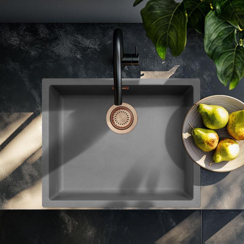 Ausmann Fibre chiuveta de beton gri, de 50x40cm pentru montare inferioară, superioară și încadrată cu dop de cupru 1208971884