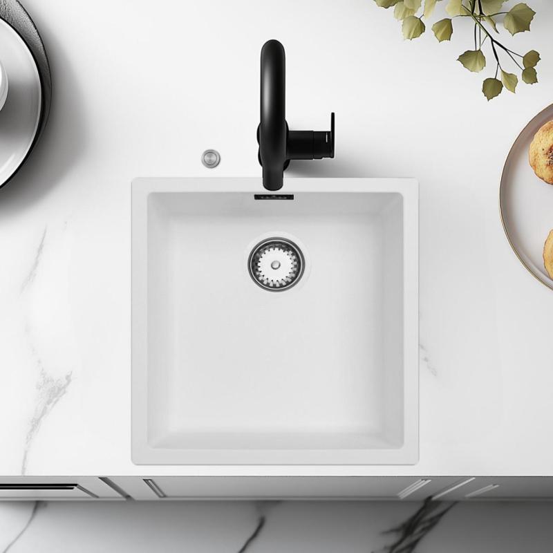 Chiuveta albă Ausmann Fibre 40x40cm pentru montare sub blat, suprapusă și încorporată, cu dop automat din oțel inoxidabil 1208971891