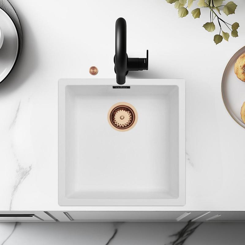 Chiuvetă albă Ausmann Fibre 40x40cm pentru montare sub blat, suprafață sau încastrată, cu dop automat de cupru 1208971893