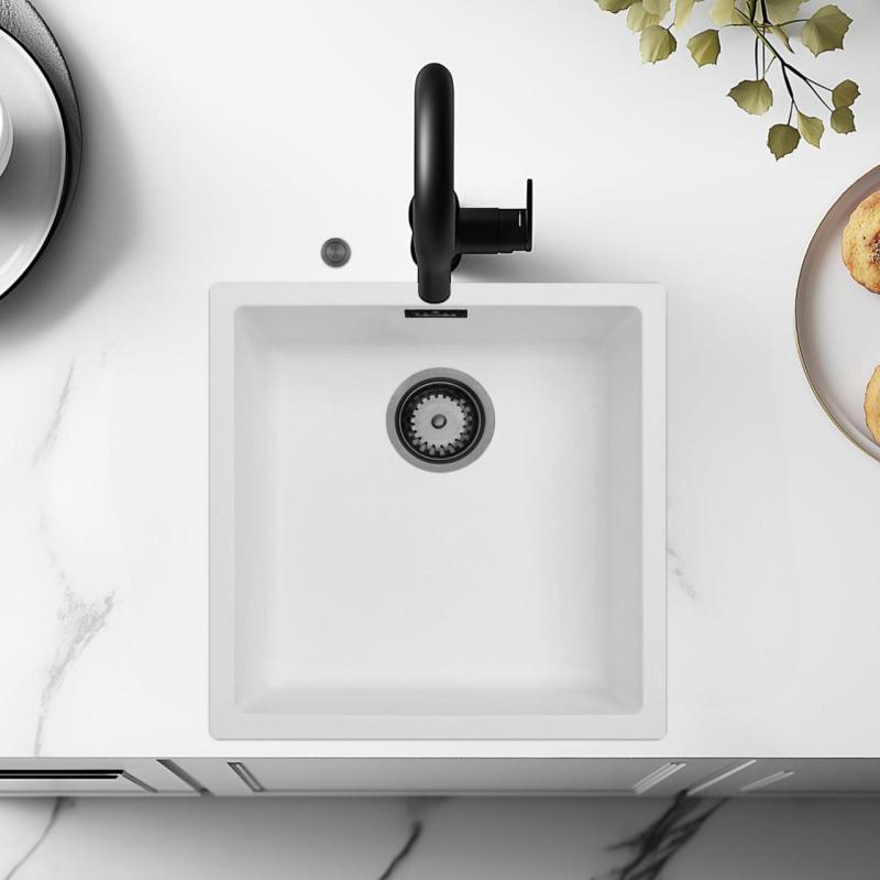 Chiuveta albă Ausmann Fibre de 40x40cm pentru montare inferioară, superioară și la nivel, cu dop automat din metal de armă 1208971895