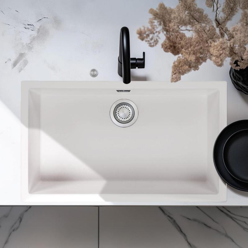 Ausmann Fibre albă, chiuvetă mare 70x40cm pentru montare sub blat, suprafață și încorporabilă cu dop automat din inox 1208971904