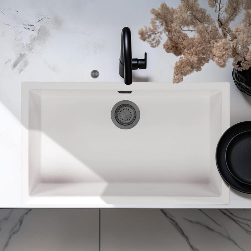 Ausmann Fibre albă, chiuvetă mare de 70x40cm pentru montare sub blat, montare deasupra blatului și montare la nivel cu blatul, cu dop automat de metal închis la culoare 1208971908