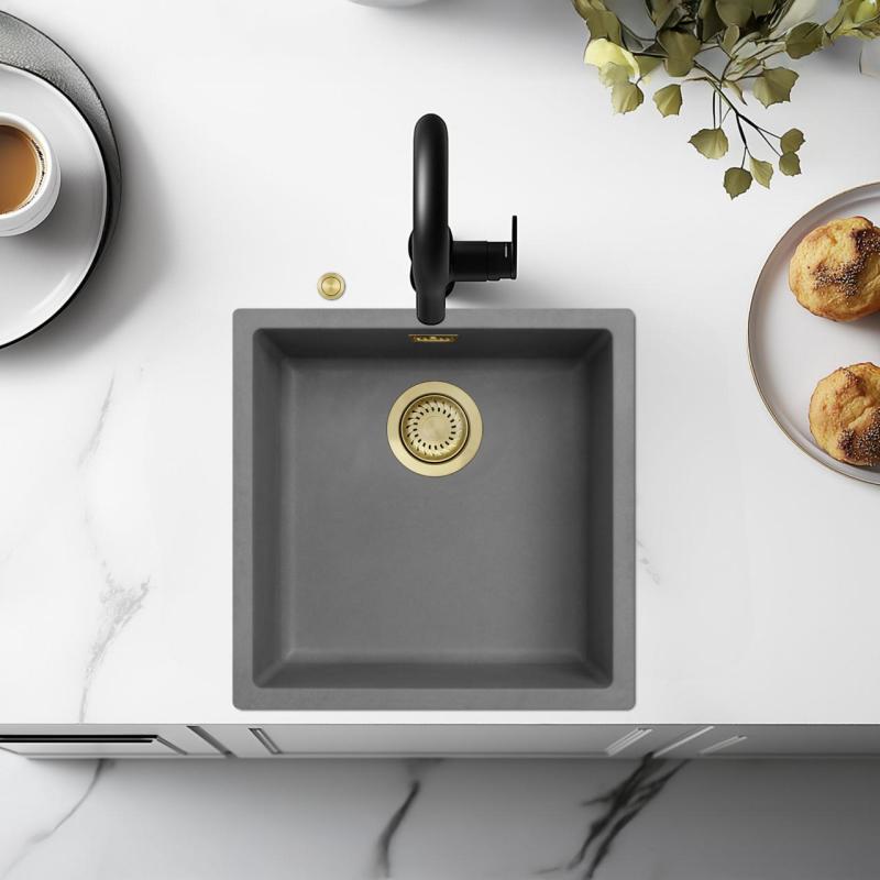 Chiuveta din beton fibros Ausmann, gri, 40x40cm, de montat sub blat, pe blat sau la nivel cu blatul, cu dop automat auriu 1208971913