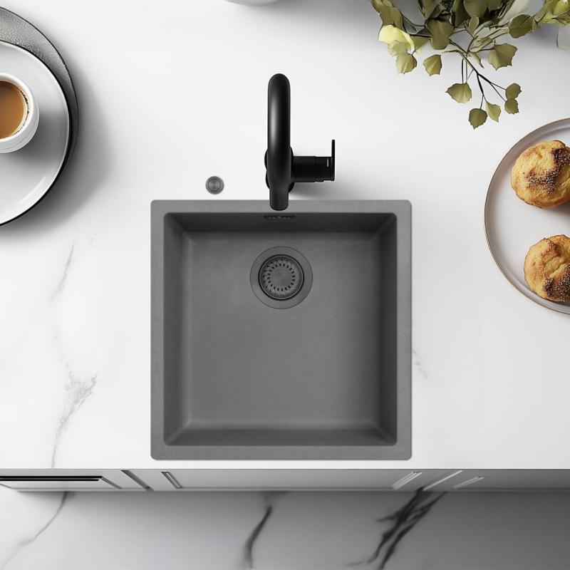 Chiuveta din beton gri Ausmann Fibre 40x40cm pentru montare sub blat, suprapusă și încorporată cu dop automat din metal gun 1208971914