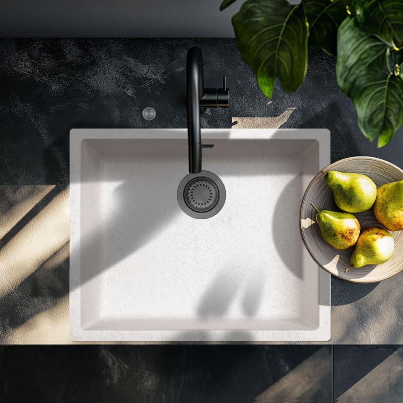 Ausmann Fibre chiuvetă de nisip albă 50x40cm pentru montare sub blat, suprafață și încorporată cu dop automat de metal gri închis 1208971934