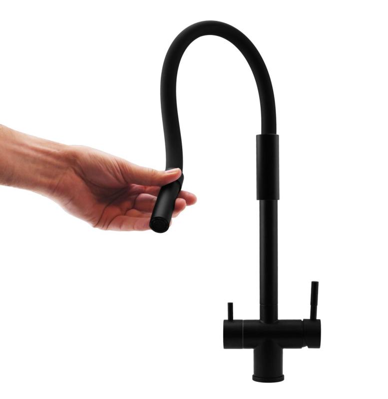Pure.Sink Elite Steel Flex Robinet de bucătărie negru mat cu 3 căi, cu ieșire flexibilă și apă filtrată PS8110-10