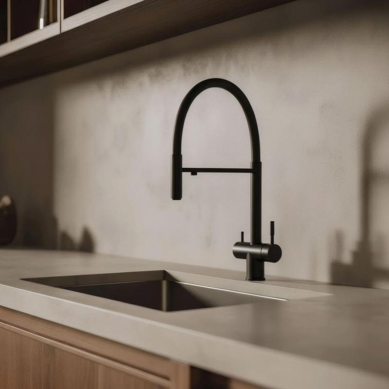 Pure.Sink Elite Steel Flex Robinet de bucătărie negru mat cu 3 căi, cu ieșire flexibilă și apă filtrată PS8110-10