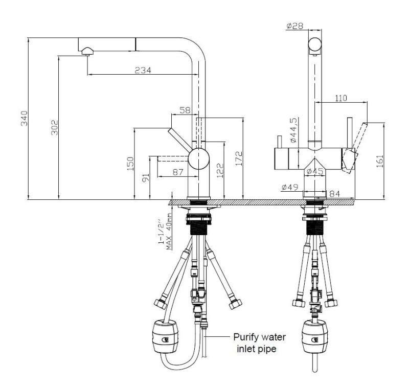 Pure.Sink Elite Steel Clear-S PVD periat aur 3-căi Robinet de bucătărie cu ieșire extensibilă și apă filtrată PS8120-60