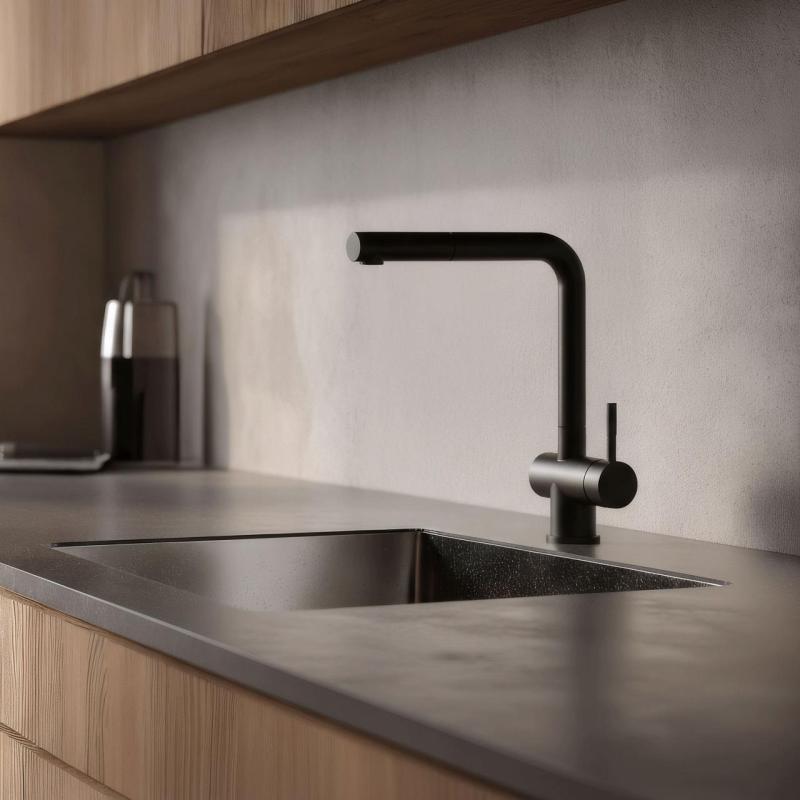 Baterie de bucatarie Pure.Sink Elite Steel Pulse-S cu finisaj negru mat, cu gura extensibila si functie de pulverizare PS8500-10