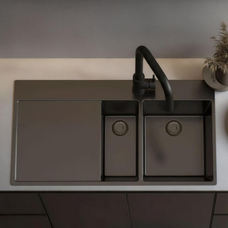 Pure.Sink Exclusivo Chiuvetă din metal de culoare gri metalizat, 1,5, cu zonă de scurgere, 100 x 52 cm, robinet cu manetă dreapta PEX3418100RT-61