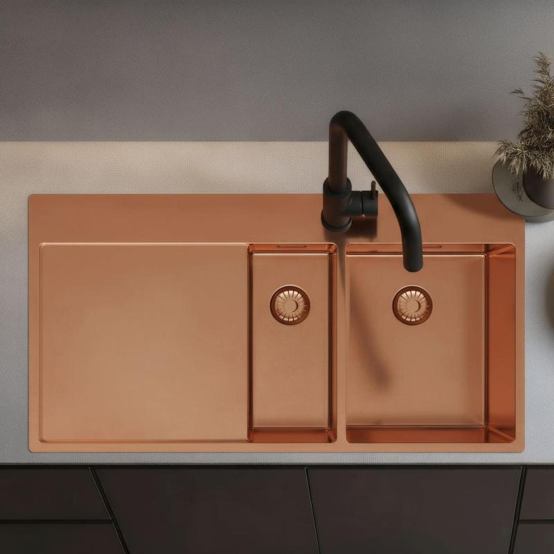 Pure.Sink Exclusivo Chiuvetă din cupru de 1,5  metru cu zonă de scurgere 100x52 cm Robinet cu manetă dreapta PEX3418100RT-62