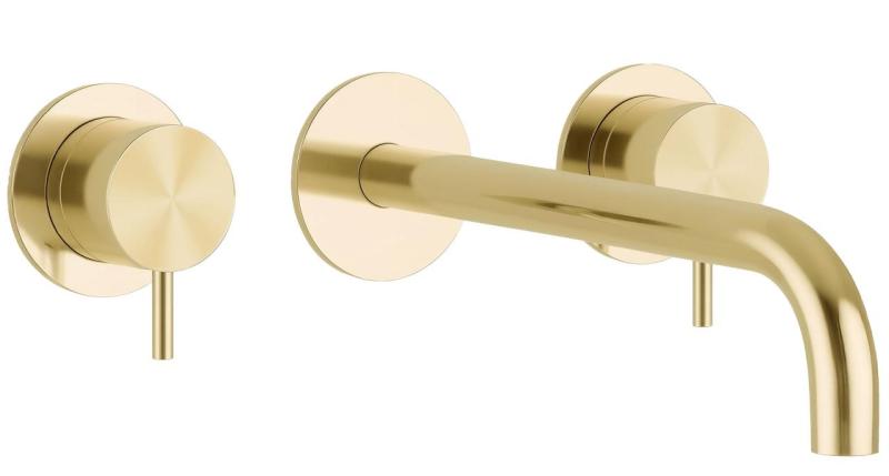 Waterevolution Flow Robinet de chiuvetă încastrat cu 3 găuri PVD Auriu alb cu gura de scurgere de 15 cm T1163FWGE-15