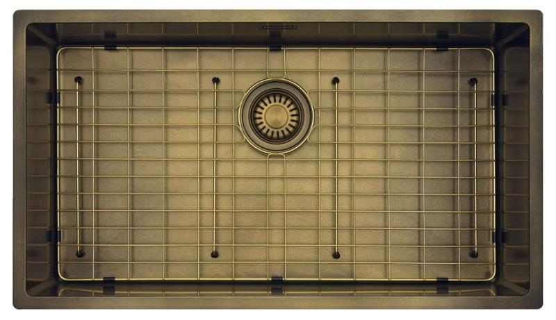 Pure.Sink Luxion Chiuvetă mare din bronz antic PVD 74x40 cm pentru montare sub blat, încastrare și montare pe blat cu raft inferior PLX7440-64