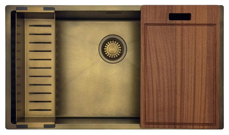 Pure.Sink Luxion Chiuvetă mare din bronz antic PVD 74x40 cm pentru montare sub blat, încastrare și montare pe blat cu raft inferior PLX7440-64