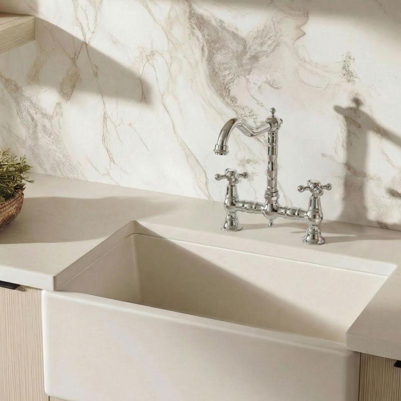 Aquanello Heritage Ascot Baterie de bucătărie clasică, în stil nostalgic, cu mâner în formă de cruce, cromată, model CR-0011-HM