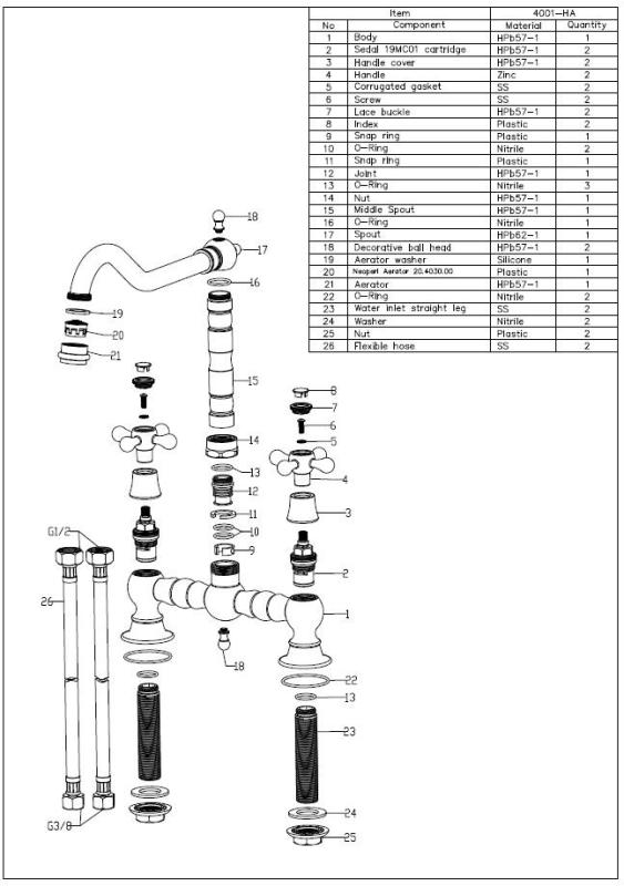 Aquanello Heritage Ascot Baterie de bucătărie clasică, în stil nostalgic, cu mâner în formă de cruce, din oțel inoxidabil, model NB-0011-HM
