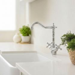 Aquanello Heritage Ascot Baterie de bucătărie clasică, în stil nostalgic, cromată, cu gura de scurgere în unghi CR-4002-HA