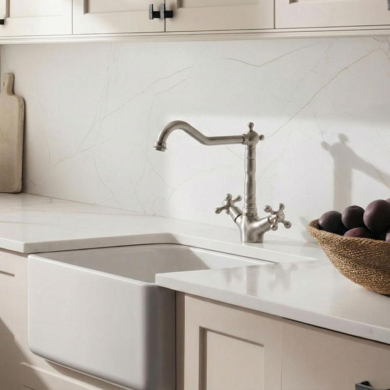 Aquanello Heritage Ascot Baterie de bucătărie clasică, în stil nostalgic, din oțel inoxidabil, cu gura de scurgere în unghi, model NB-4002-HA