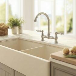 Aquanello Heritage Manor Robinet de bucătărie clasic, în stil retro, cu manetă albă și gura de scurgere rotundă, model CR-4001-HM