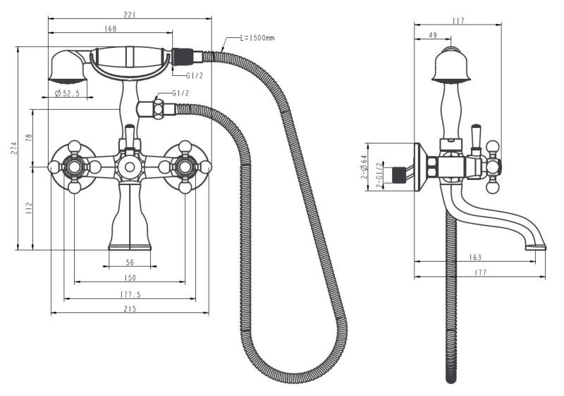 Aquanello Heritage Ascot Robinet clasic pentru cadă cu butoane în formă de stea, din bronz, inclusiv duș de mână BN-3002-HA
