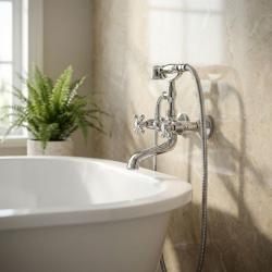 Aquanello Heritage Ascot Robinet clasic pentru cadă cu butoane în formă de stea, crom, inclusiv duș de mână CR-3002-HA