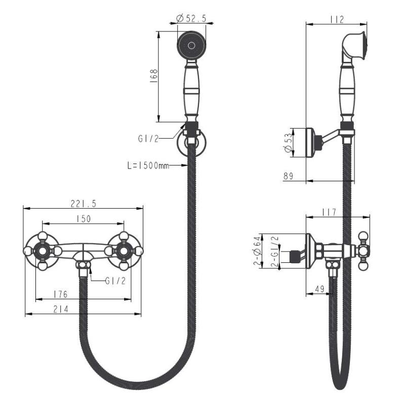 Aquanello Heritage Ascot Set clasic de robinete de duș cu butoane în formă de stea, cromat, inclusiv duș de mână CR-2002-HA