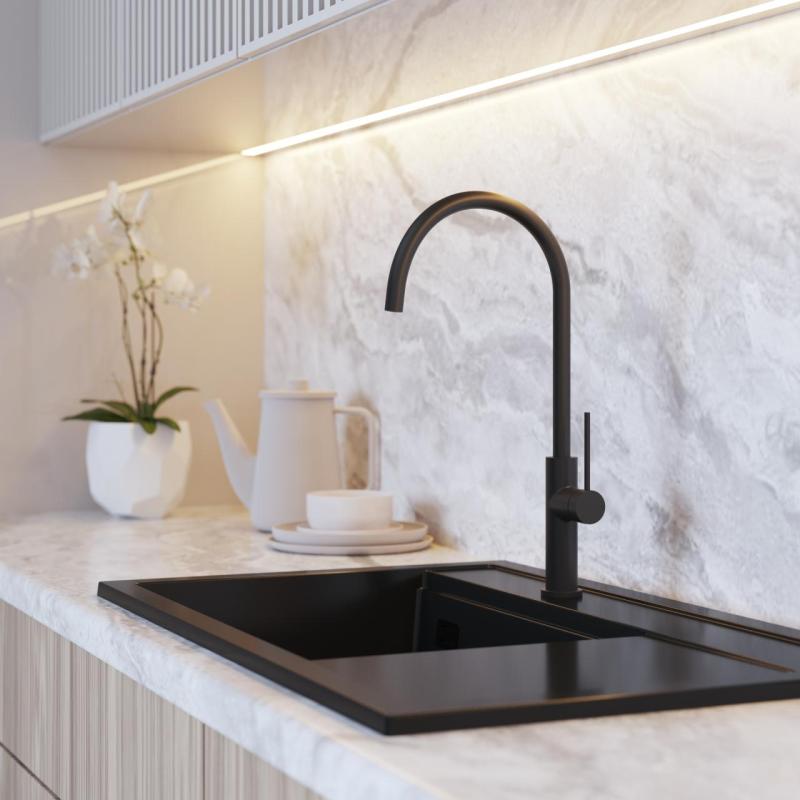 Graniteland Vira Slim Baterie de bucătărie neagră cu gura de scurgere pivotantă 1208972626