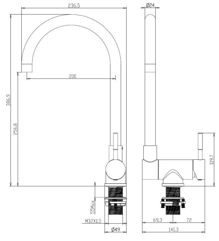 Aquanello Forma Robinet de bucătărie din oțel inoxidabil masiv, cu braț rabatabil, pentru fereastră, model SS-1012-FM