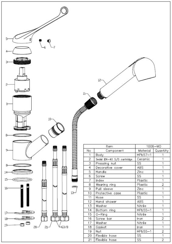 Aquanello Medic Baterie de bucătărie cu manetă lungă și gura de scurgere extensibilă, crom CR-1006-MD