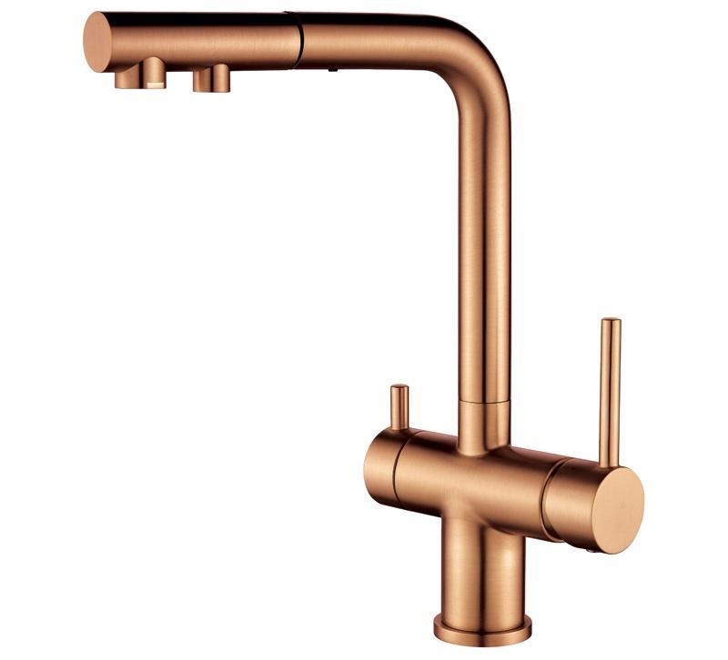 Ausmann Ellington Baterie de bucătărie cu 3 funcții, cu gura de scurgere extensibilă și filtru de apă – Cupru  1208972694
