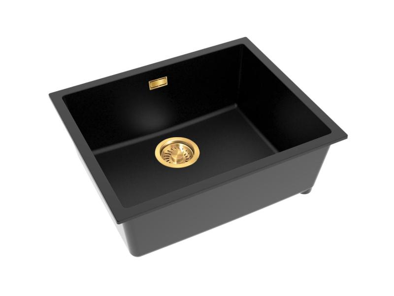 Pure.Sink Eternal Chiuvetă Quartz neagră 50x40 cm, pentru montare sub blat și pe blat, cu dop automat auriu